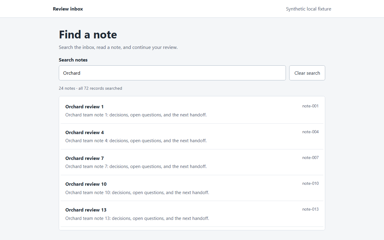 Synthetic review inbox after baseline return: Orchard results start at the top and the originating note-049 is out of view.