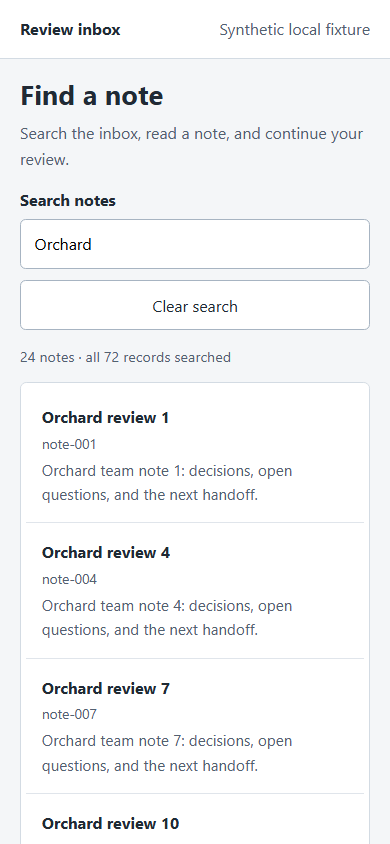 Narrow synthetic inbox baseline return, reset to the first Orchard results.